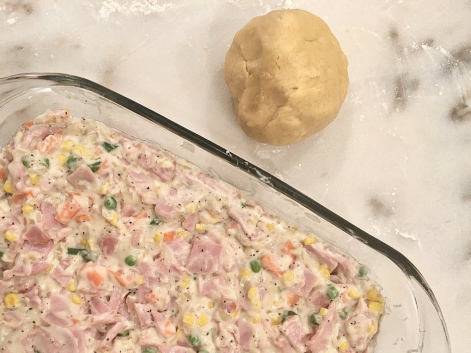 knead the biscuit mix into a ball ready to add to the ham casserole or ham pie recipe