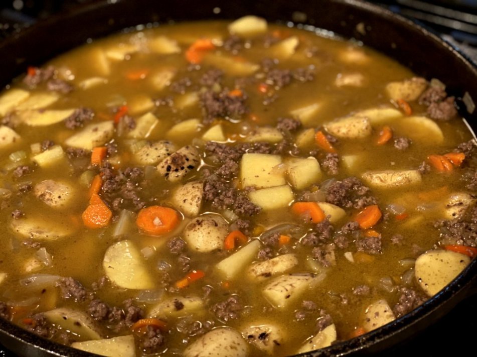 beef, potatoes and vegetables in beef broth.