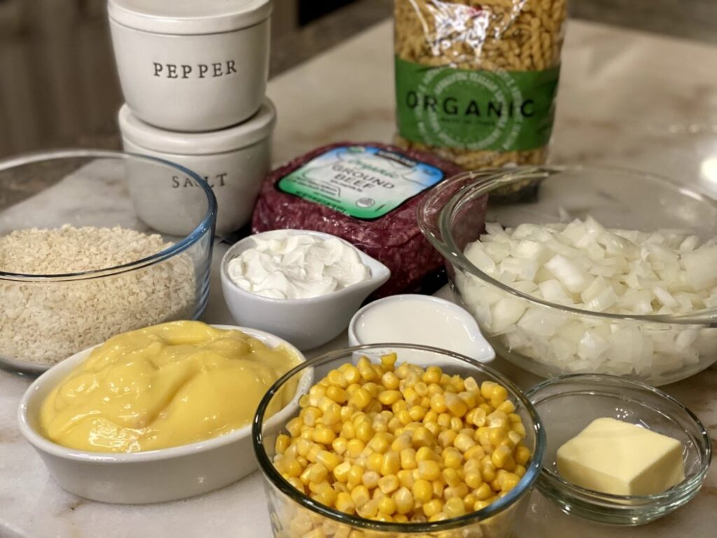 the ingredients to make hamburger noodle bake. 