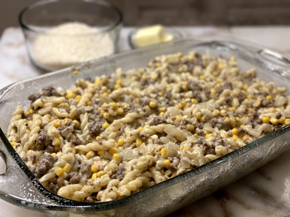 ground beef with noodles, corn, sour cream, cream of chicken soup 