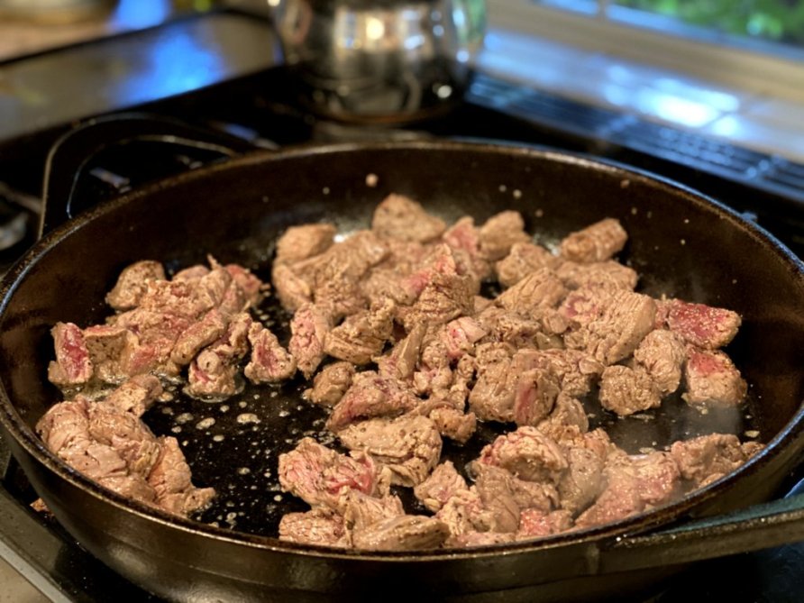 filet mignon chopped into bite sized pieces and browned in a cast iron skillet
