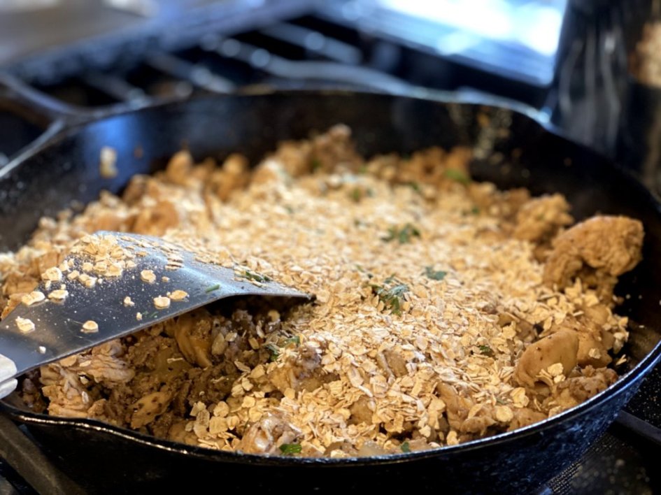 adding quick oats to the chicken and pork filling.