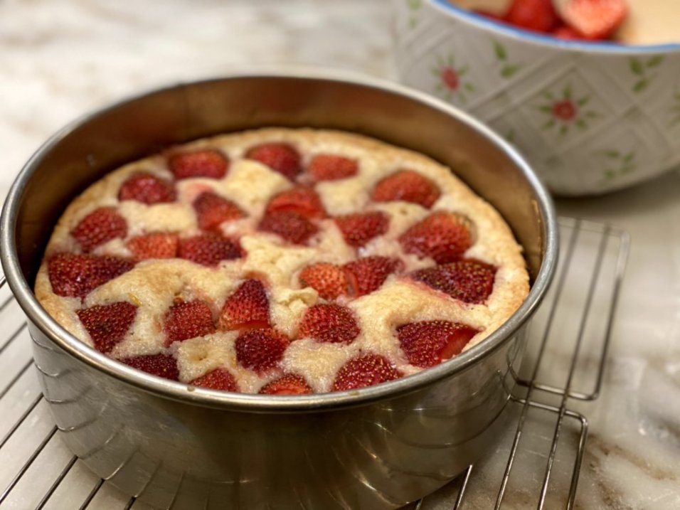 Easy Strawberry Cake recipe in a springform pan, fresh out of the oven. 