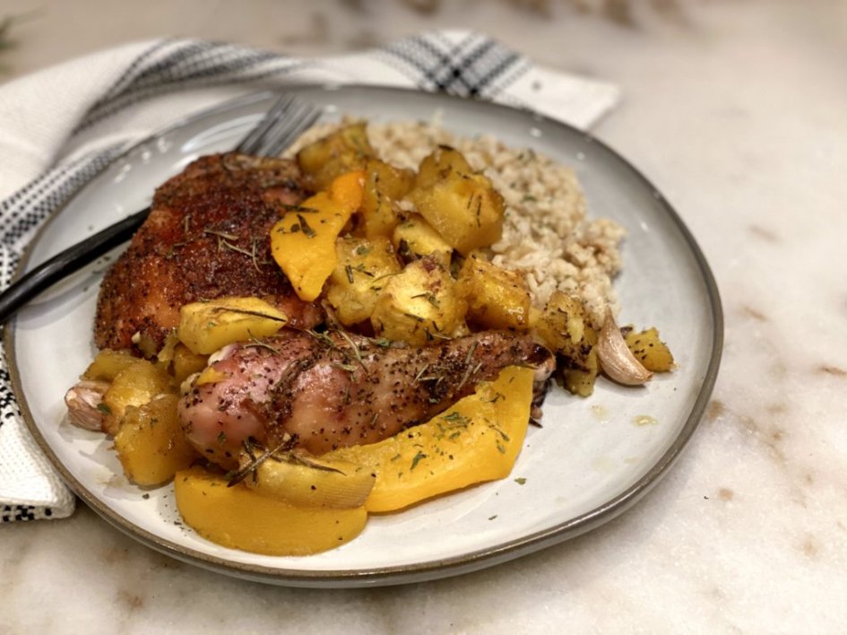baked chicken and squash plated with brown rice