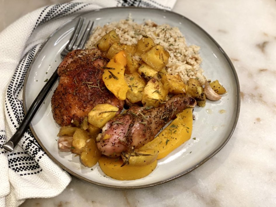 baked chicken & cinnamon squash with peaches and rice coogans kitchen