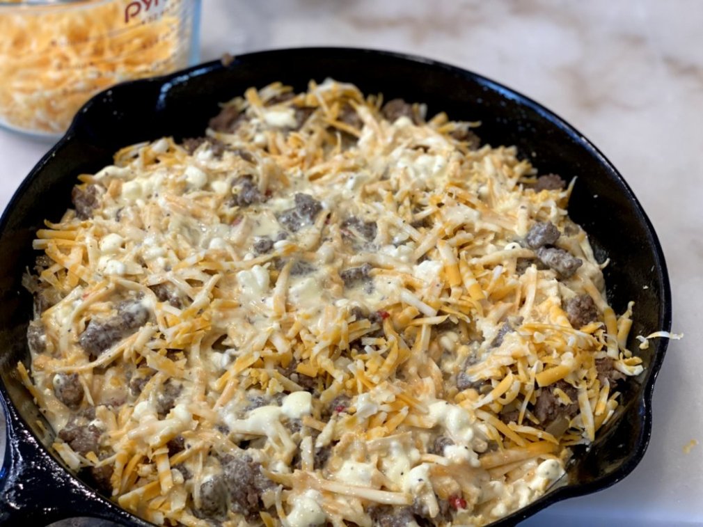sausage, egg, cheese filling in tater tot and sausage breakfast casserole recipe