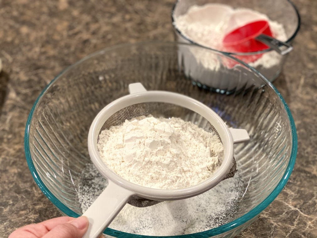 Dry baking ingredients sifted into the mixing bowl. 