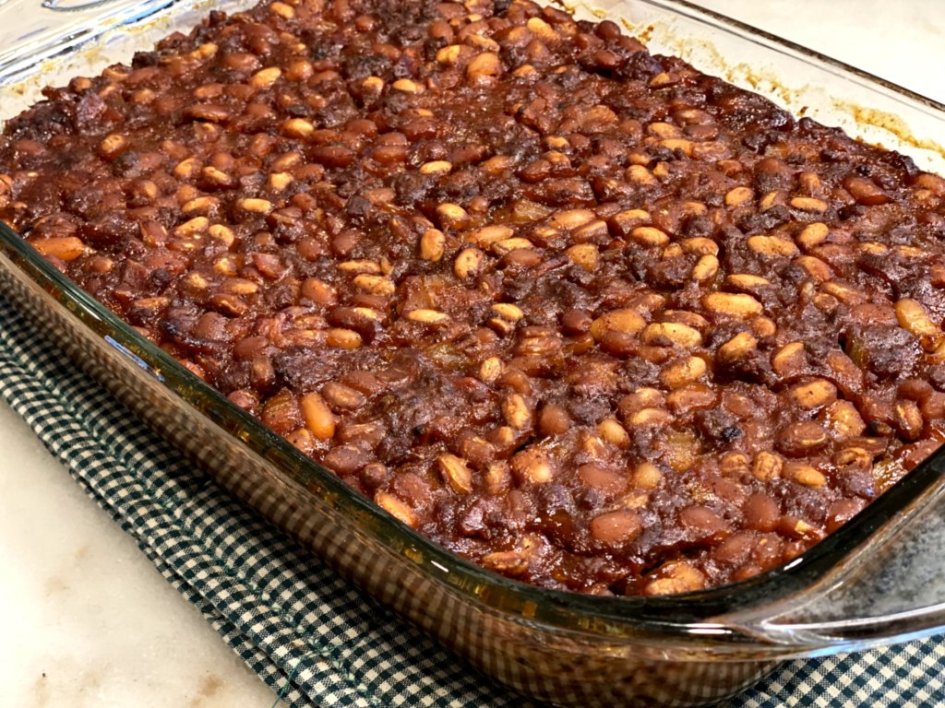 Calico beans with beef and bacon fresh out of the oven. 
