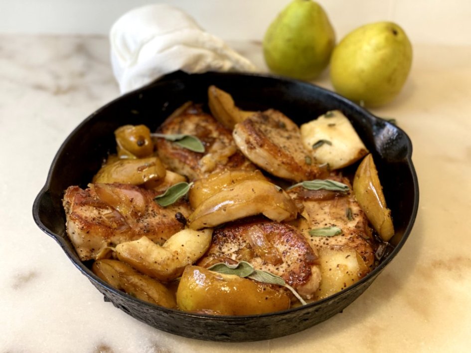 Pork chops with baked pears and sage. 