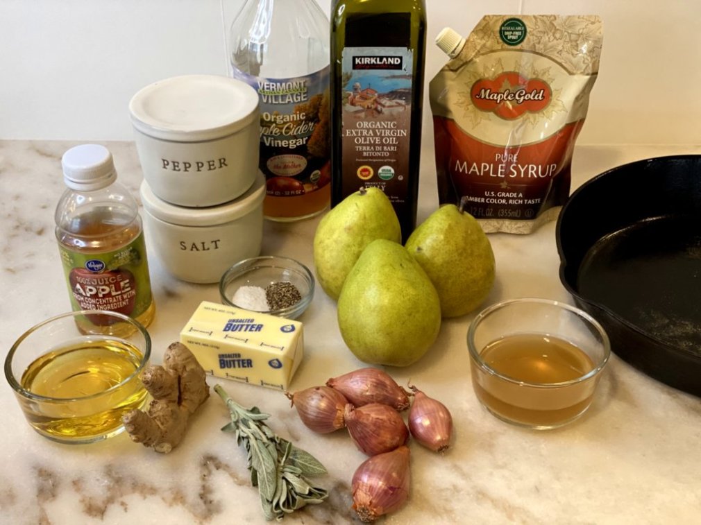 ingredients needed to make roasted pears and pork chops. 