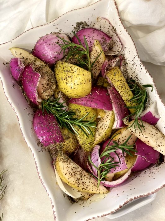 Sweet rosemary pears and onions are an easy side dish recipe.