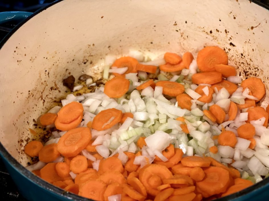 Cooking veggies for chicken stew. 