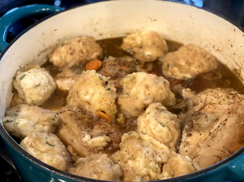 Rosemary dumplings added to the chicken stew and broth. 