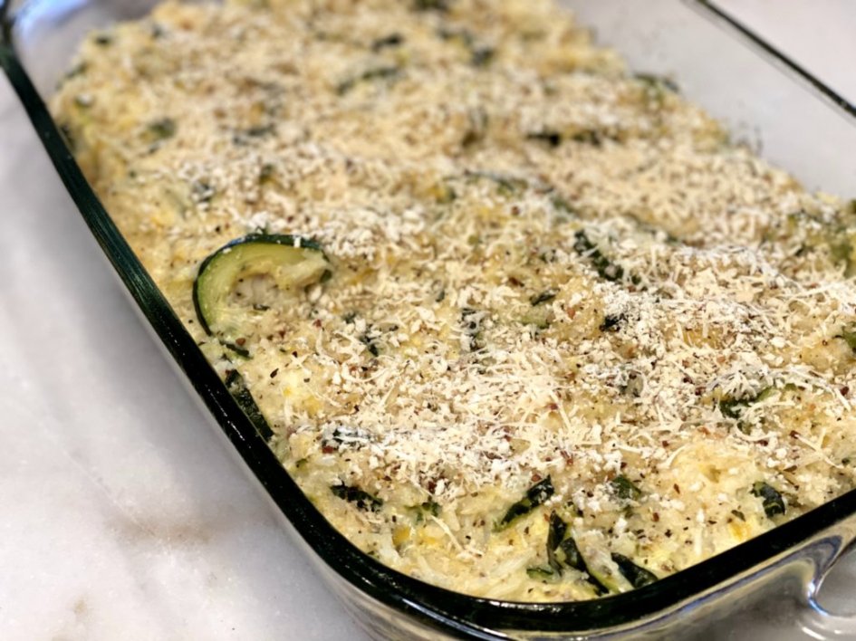 Cheesy zucchini rice casserole is an easy side dish and baked in the oven. 