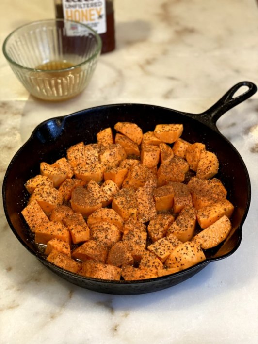 Sweet potatoes flavored with honey and butter and seasoned with salt and pepper. 
