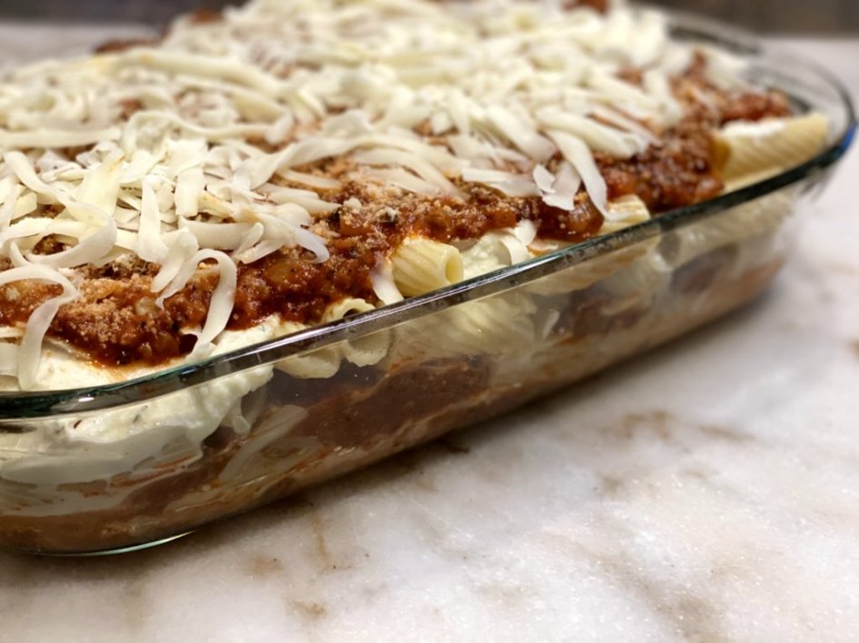 Lasagna-Style Creamy Baked Pasta layered and ready to go in the oven.