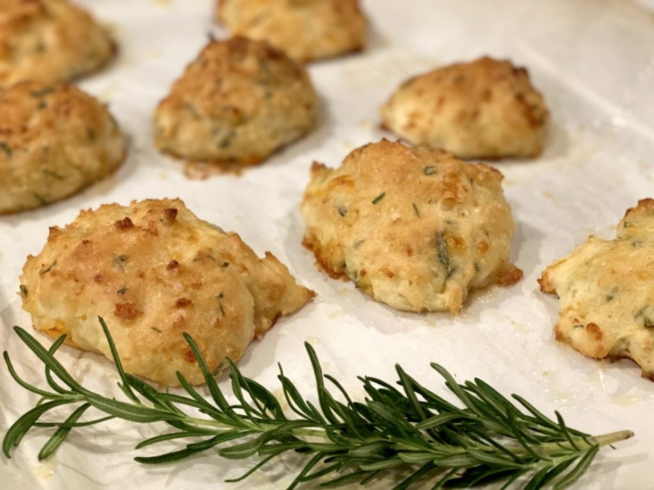 rosemary cheddar drop biscuits brushed with garlic butter. 