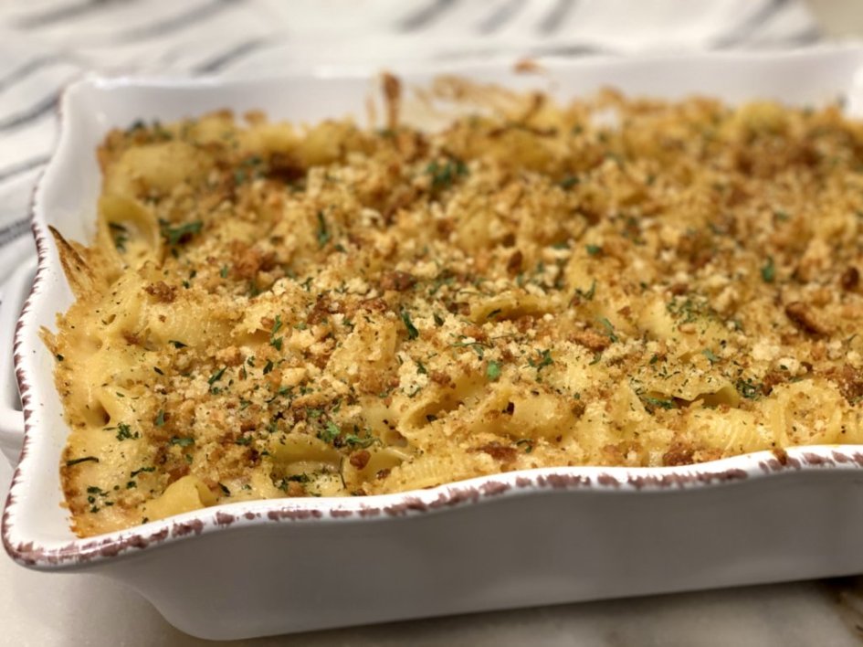 Tillamook Southern Baked Macaroni and Cheese in a casserole dish ready to serve. 