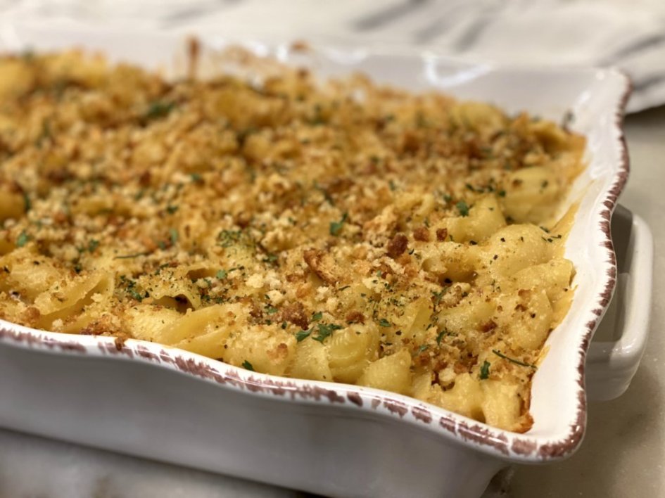 Homemade baked macaroni and cheese is ready to eat. 