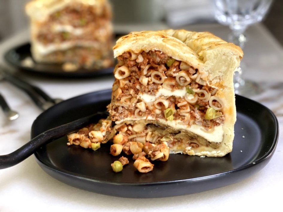 slices of Timballo Pasta Pie with Meat Sauce and Eggplant - Coogan's Kitchen