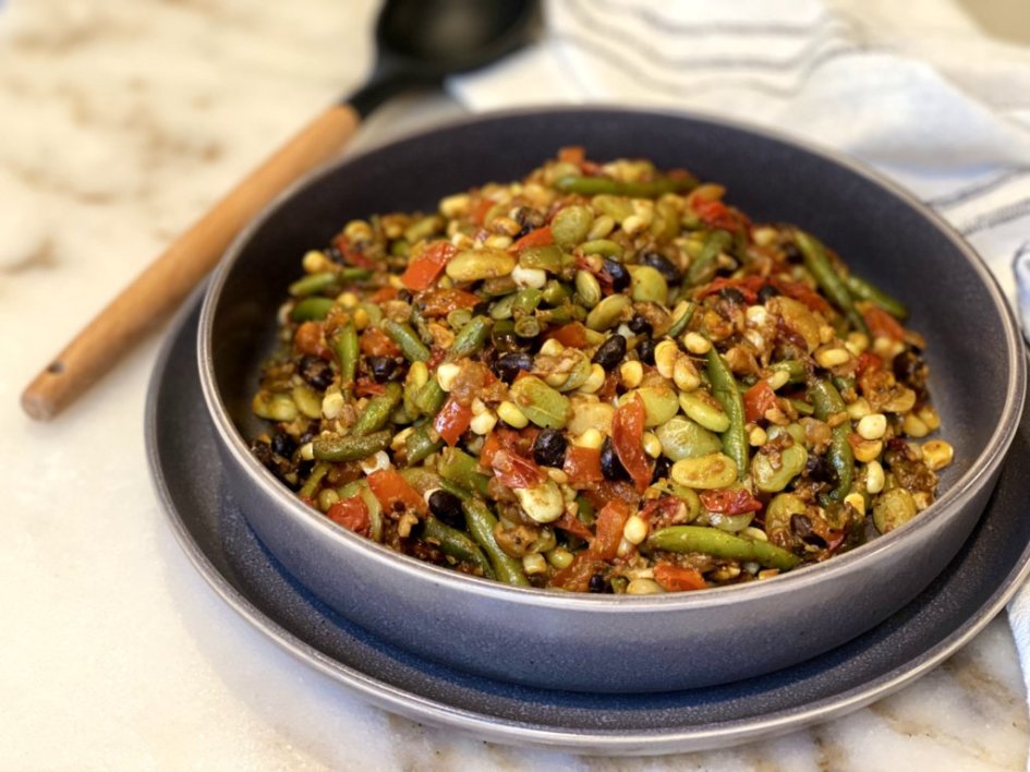 The garden fresh succotash is finished and ready to serve to guests. 