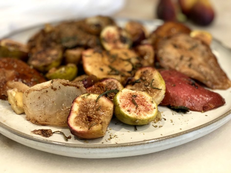 walnut crusted pork chops in a fig glaze surrounded by roasted figs, apples, pears, and onions. 