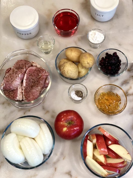 Ingredients needed to make Apple Cranberry Potato Pork Chops