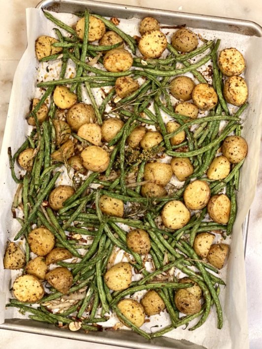 Roasted Garlic Golden Potatoes & Green Beans fresh out of the oven