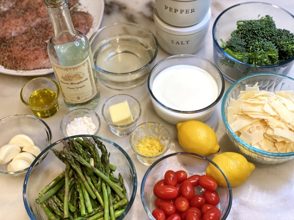 ingredients needed to make chicken pasta with broccolini and asparagus with creamy garlic sauce